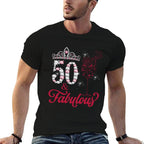 50 And Fabulous Queen Happy Birthday 50th Pink Rose Red Wine  Trendy Pattern T-Shirt