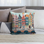 Amsterdam Canal Poster - Colorful Houses And Buildings Illustration Soft Gift Ready Throw Pillow
