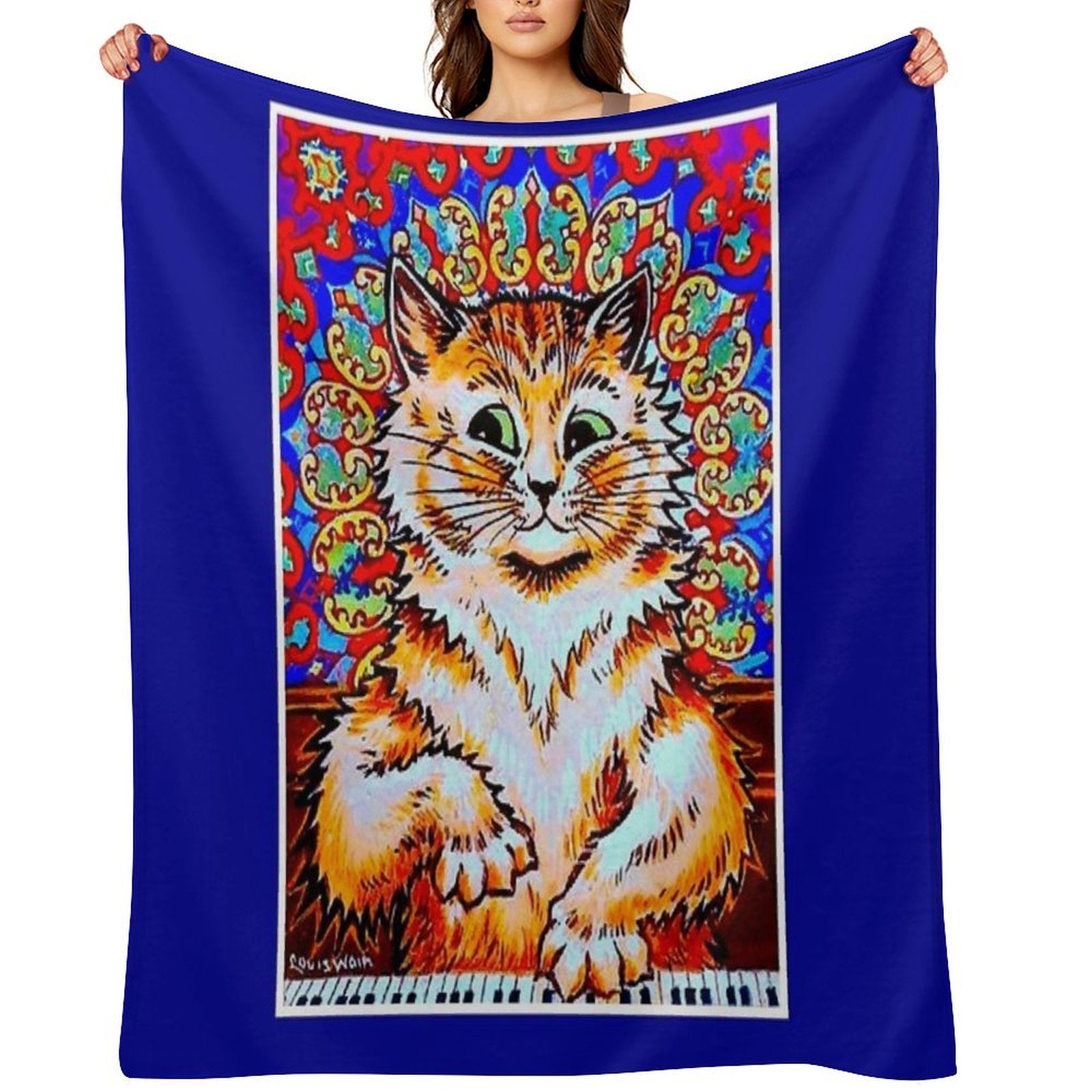 CAT PLAYING A PIANO  Vintage Psychedelic Abstract Louis Wain Print Wrinkle-free Throw Blanket