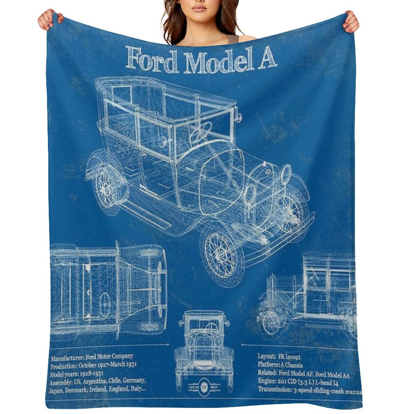 Ford Model A Vintage Blueprint Plush Throw Blanket
