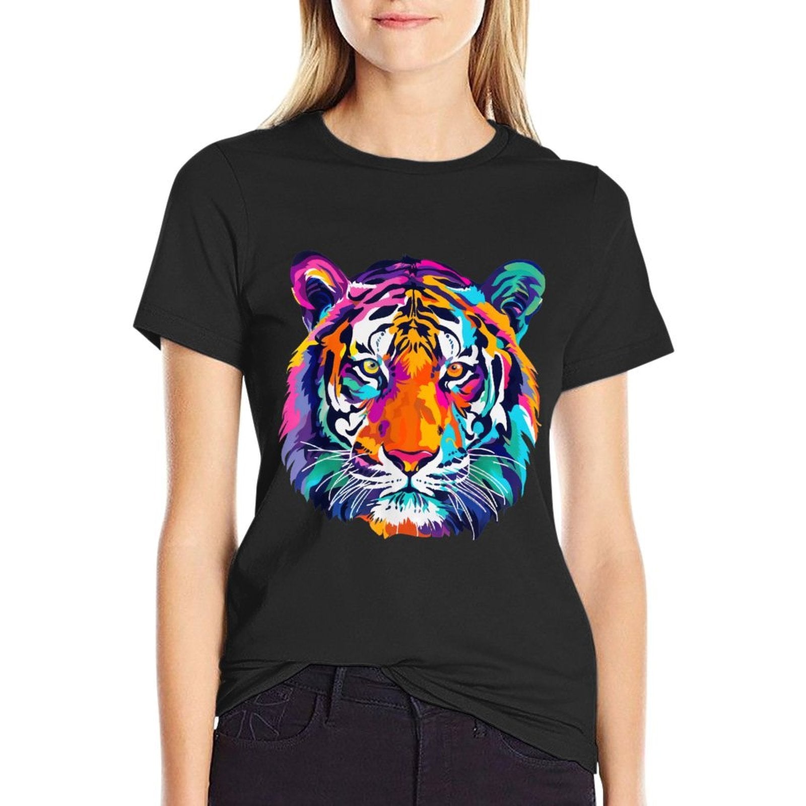 Tigerco. Colorful Tiger Graphic Unisex, Black, Small,, Classic Fit  Cotton T-Shirt