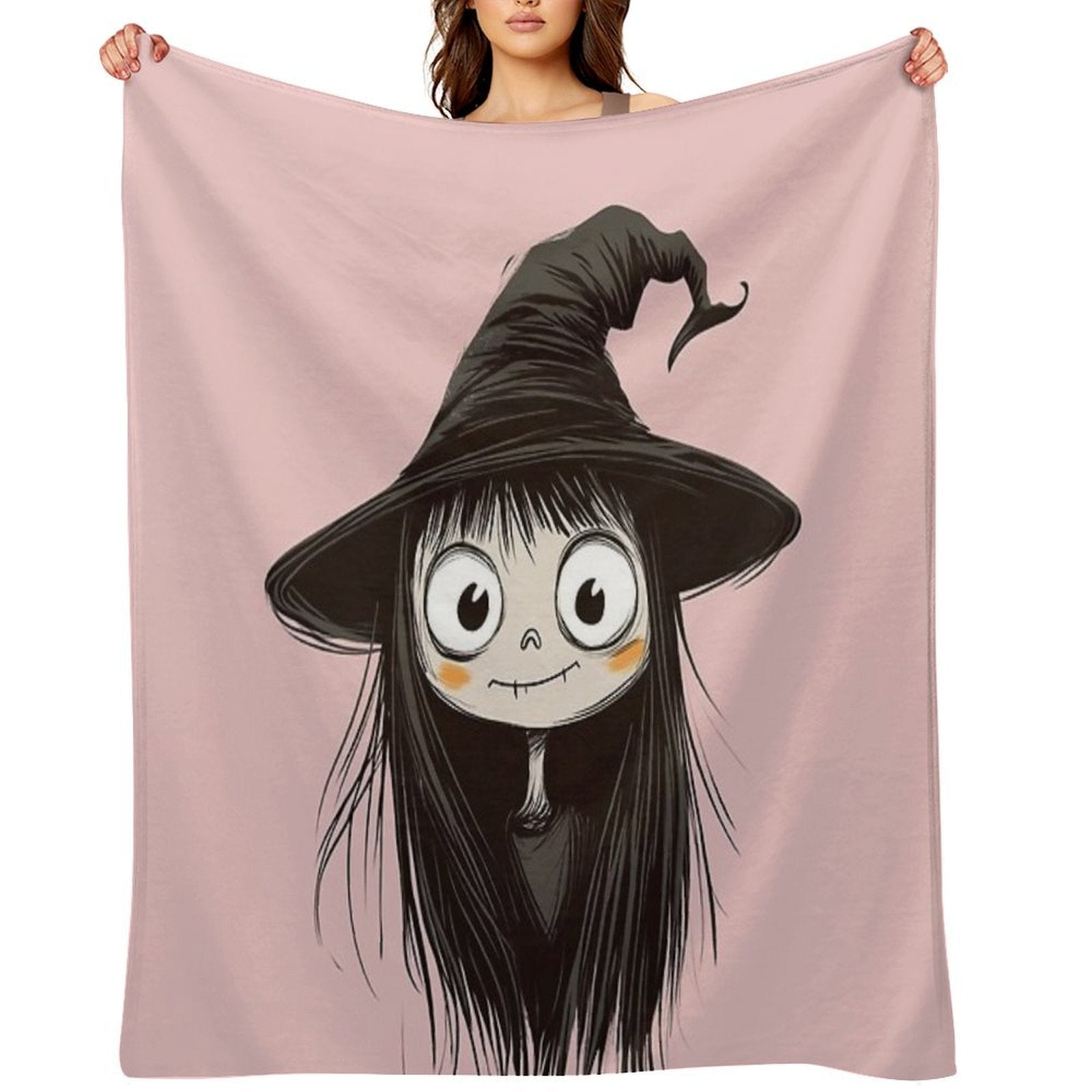 Spooky-Cute Witch in Sketch Style – Big Witch Hat & Big Eyes Travel-friendly Throw Blanket