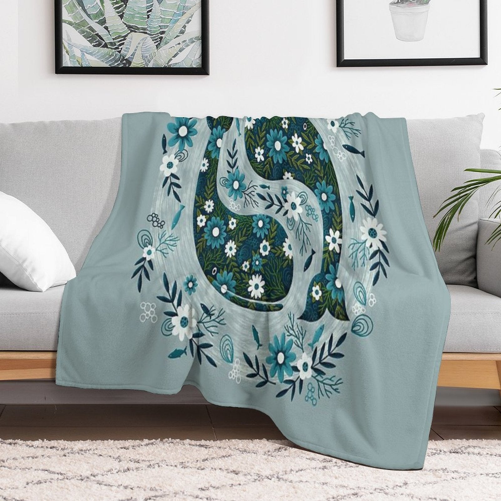 Pretty Floral Whales Circle in Blues And Greens Multi-functional Throw Blanket