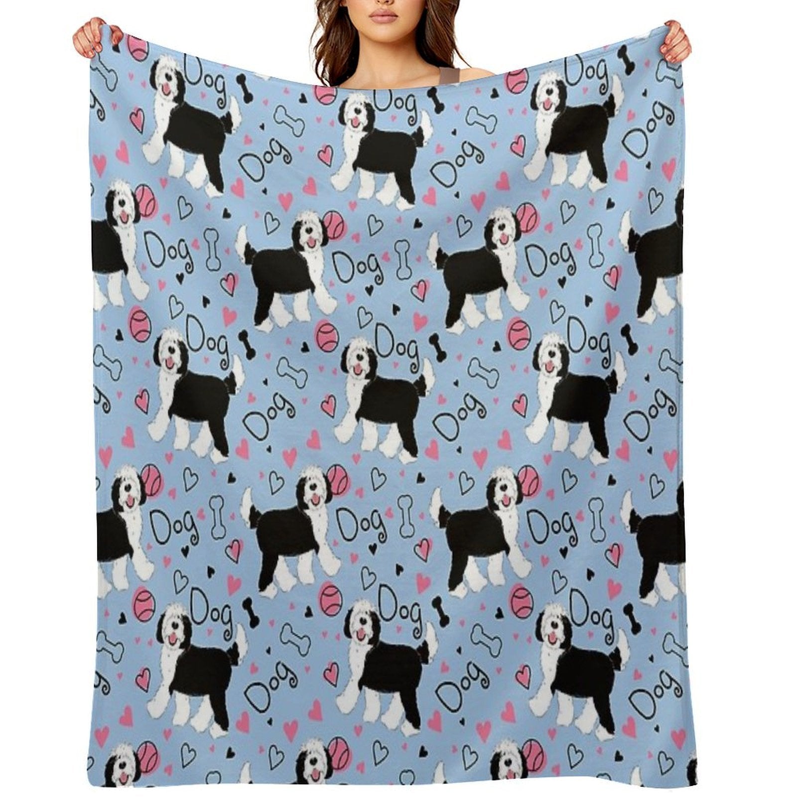 Cute Black And White Sheepadoodle Puppy Machine-washable Throw Blanket