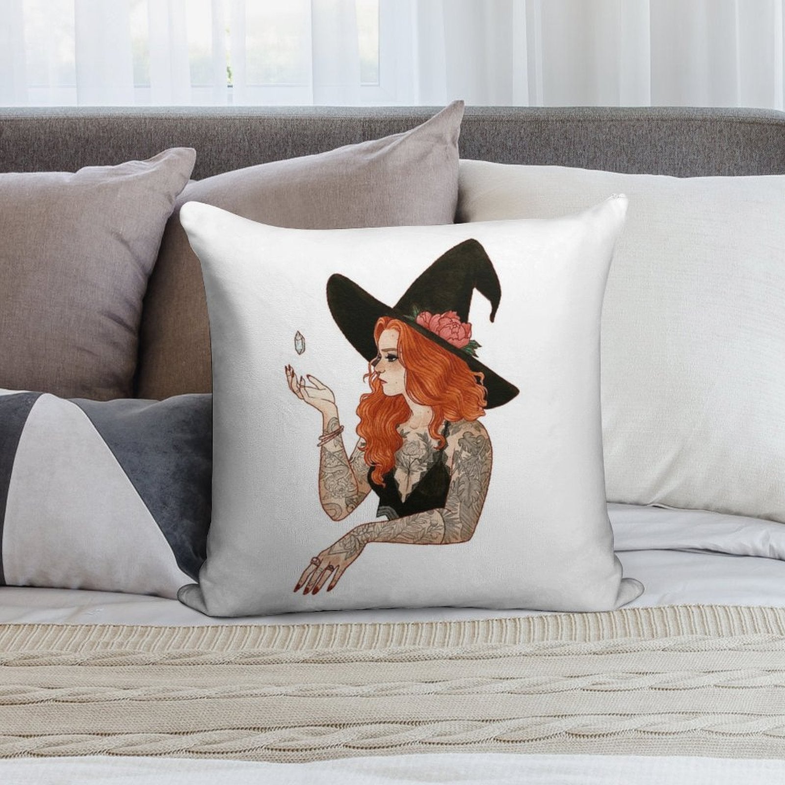 Red Tattooed Witch Soft Fade-Resistant Throw Pillow