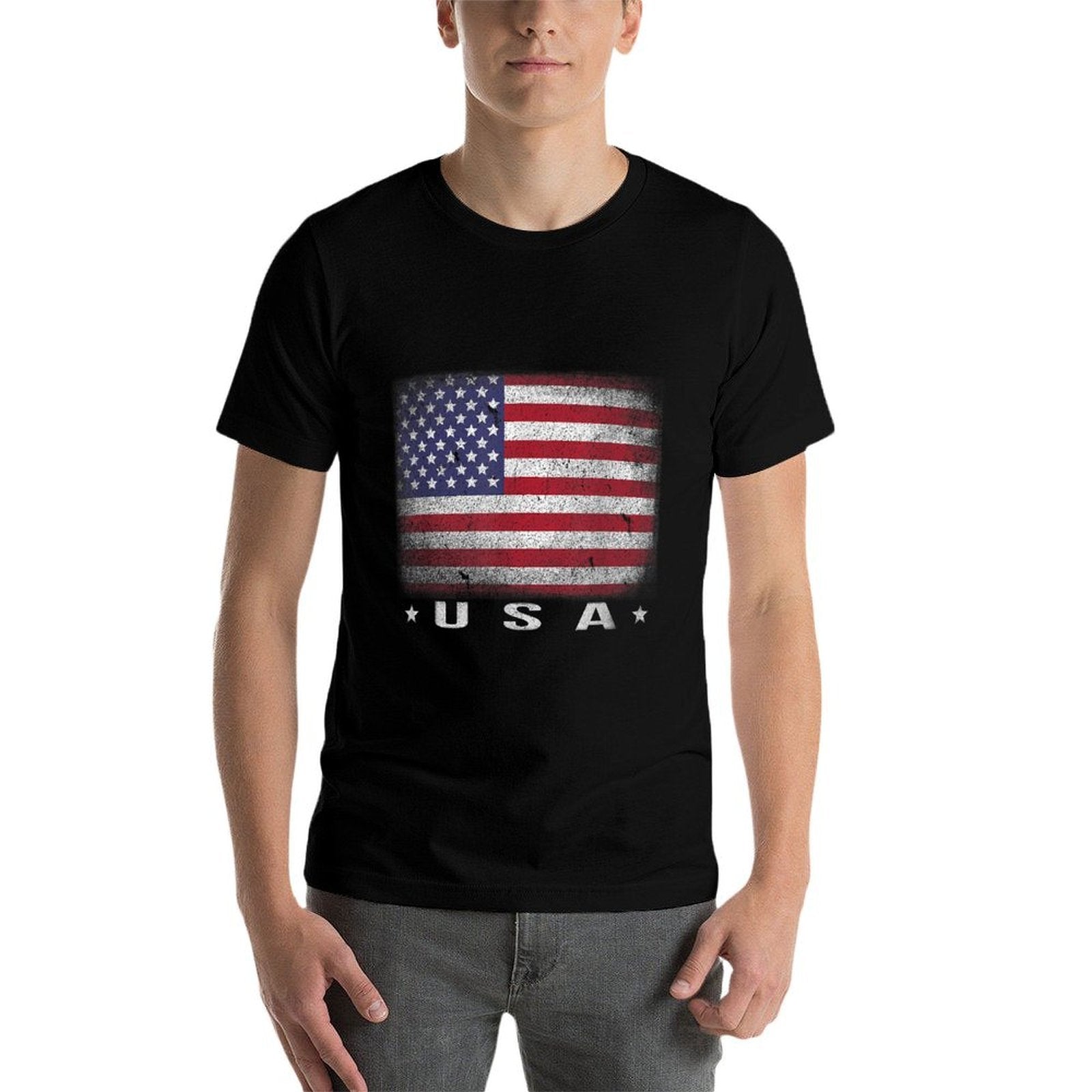 American Flag USA July 4th White Blue Red Faded Stripe Star  Polyester Blend T-Shirt
