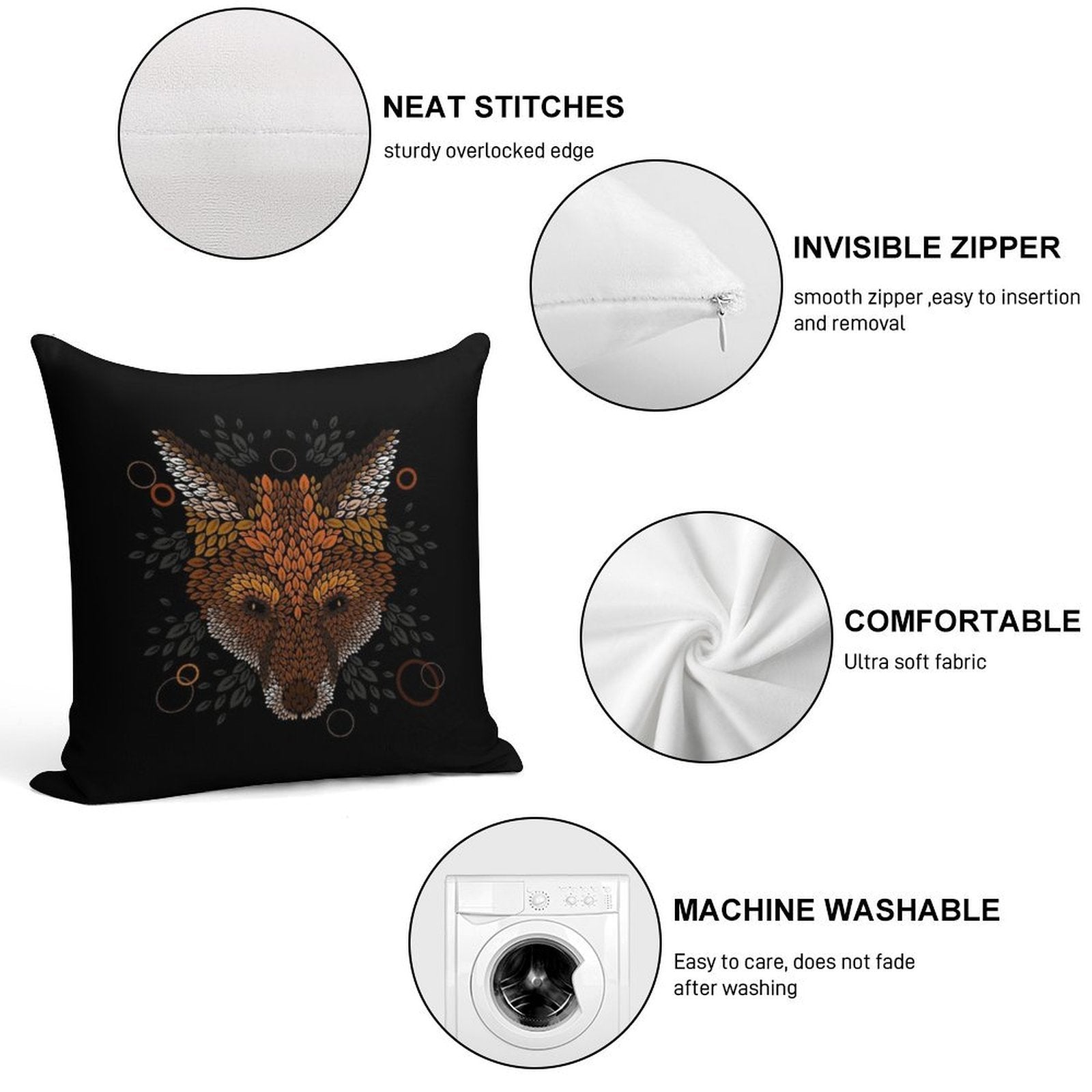 Fox Face Soft Hidden Zipper Throw Pillow