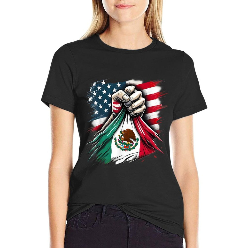 America Mexico Vintage Mexican Roots American  Rolled Sleeves T-Shirt