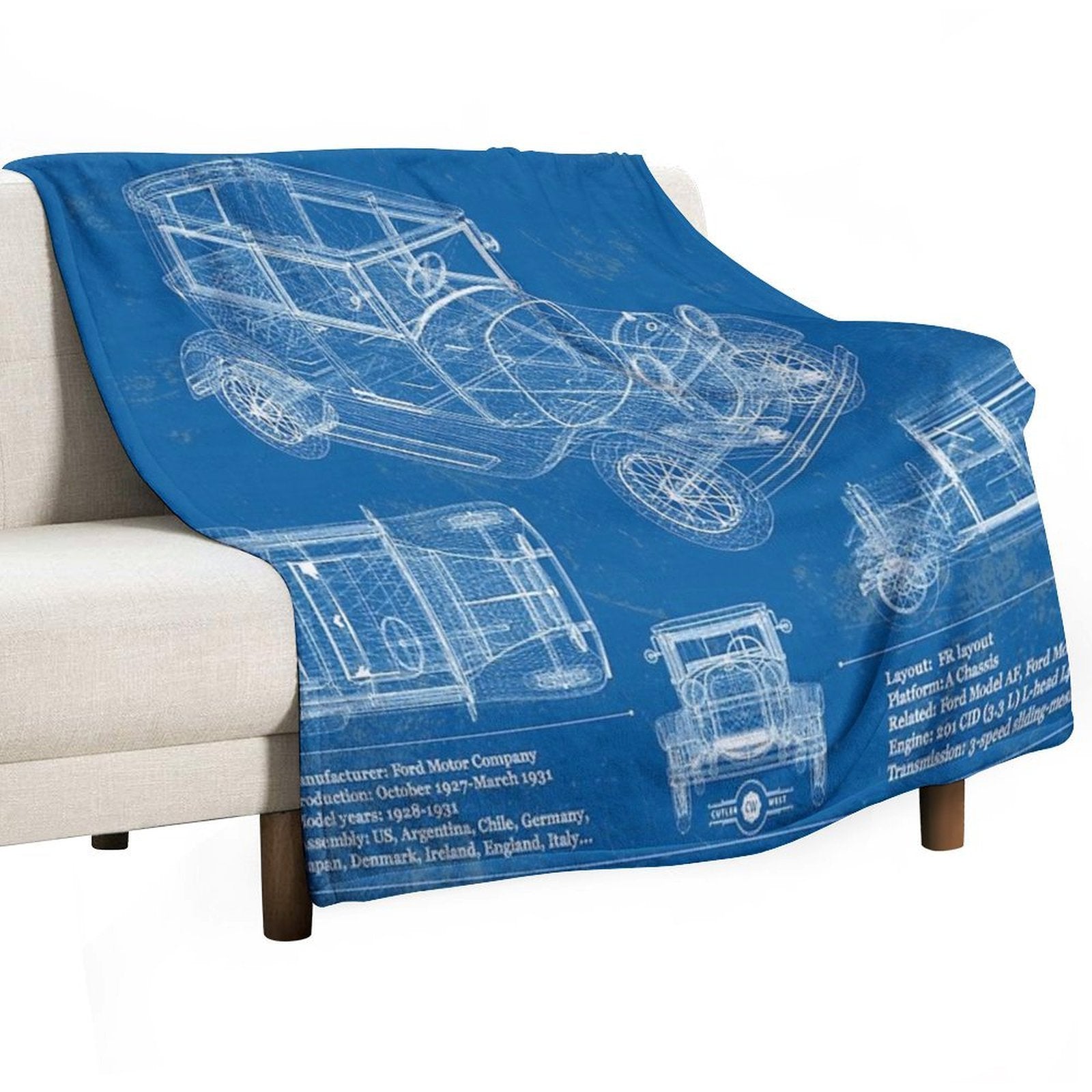 Ford Model A Vintage Blueprint Plush Throw Blanket