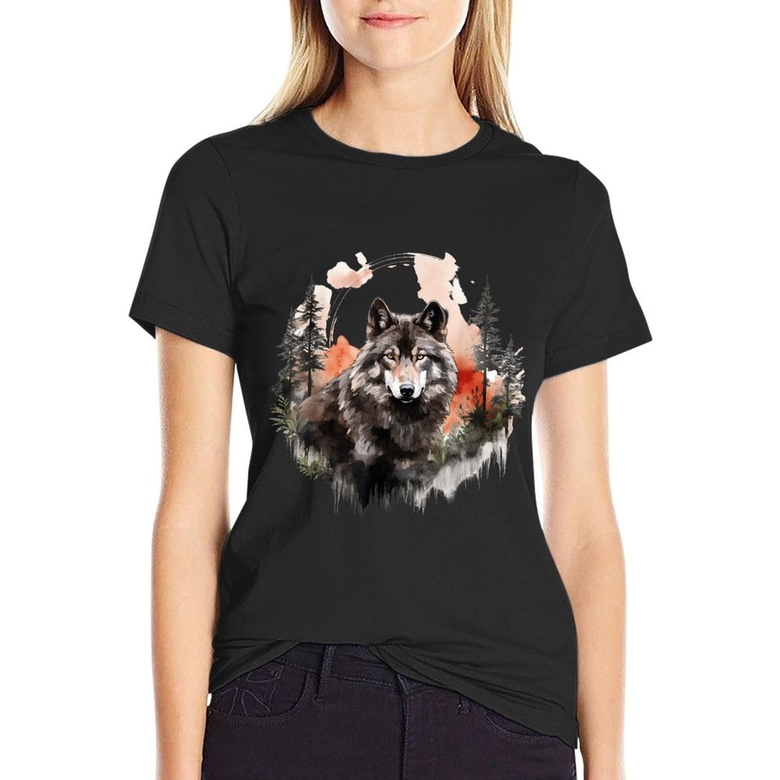 Wolf Splash Art Animal Face Forest Landscape Wolf  Quick-drying T-Shirt