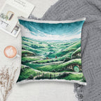 Panoramic Sumi-e Hobbiton Tranquil Fantasy Ink Landscape Soft Luxury Feel Throw Pillow