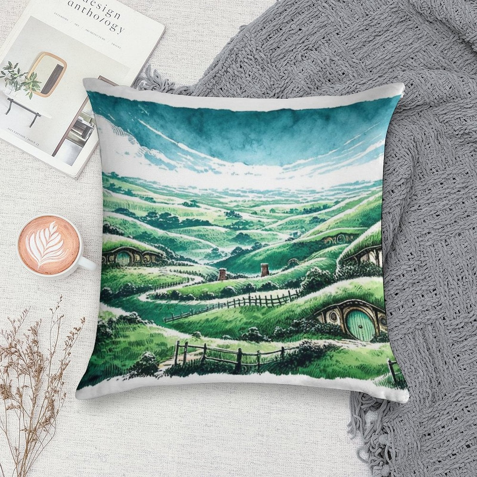 Panoramic Sumi-e Hobbiton Tranquil Fantasy Ink Landscape Soft Luxury Feel Throw Pillow