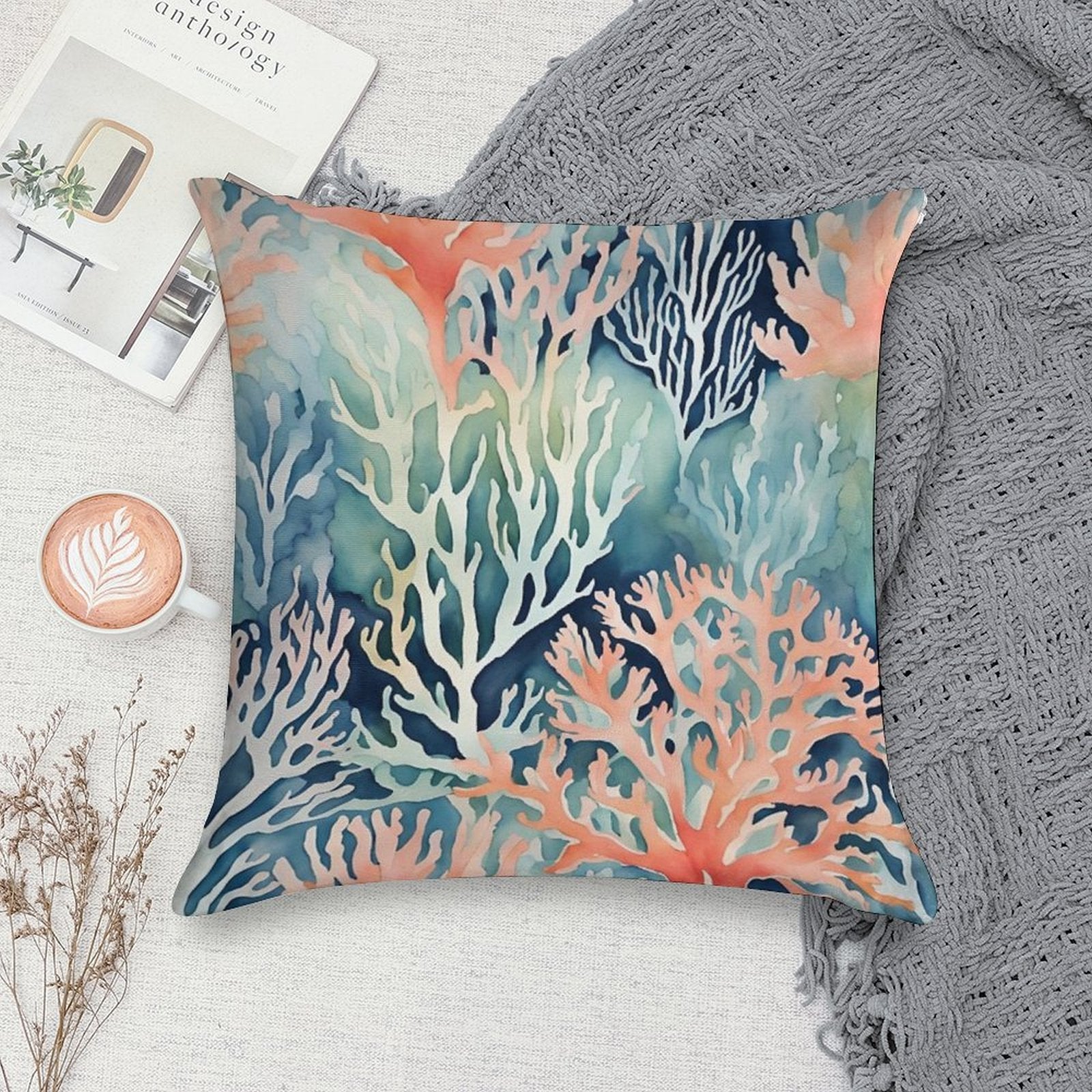 Navy Blue Teal Orange Coral Reef Beach Coastal Soft Washable Throw Pillow