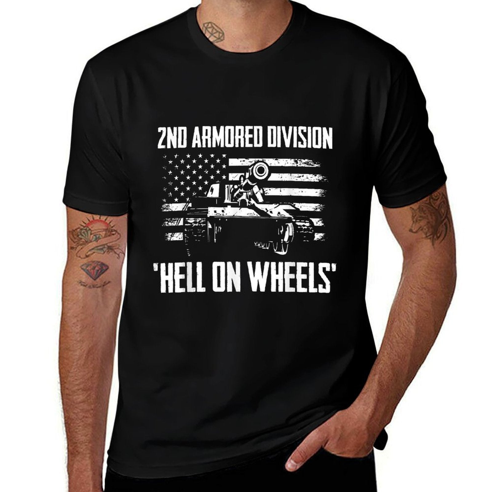 US Army Armor Branch 2nd Armored Division Hell On Wheels - Men's Black Classic Fit Crew Neck - Small  Ribbed Collar T-Shirt