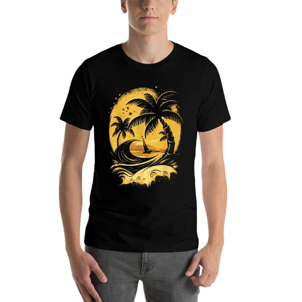 Tropical Palm Trees with Sailboat Beach Island Sunset  Soft T-Shirt