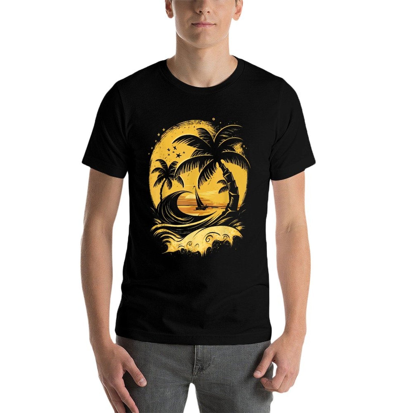Tropical Palm Trees with Sailboat Beach Island Sunset  Soft T-Shirt