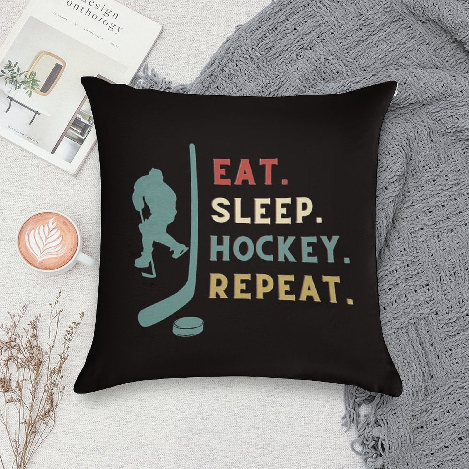 Eat Sleep Hockey Repeat Soft Durable Construction Throw Pillow
