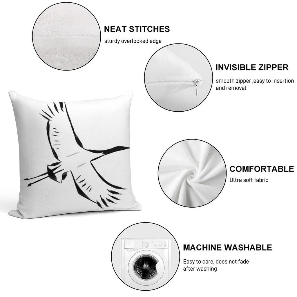 Japanese Crane in Flight Soft Short Plush Fabric Throw Pillow