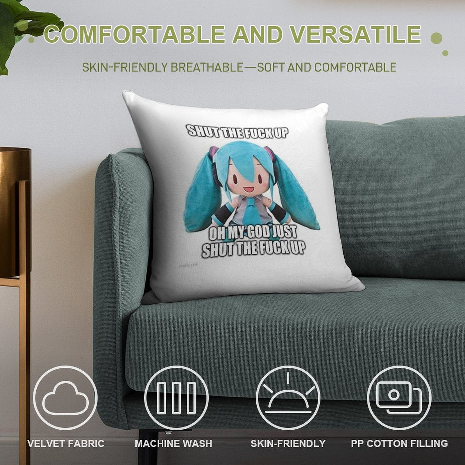 Hatsune Miku Plush Asks U 2 Cease Soft Reinforced Edging Throw Pillow
