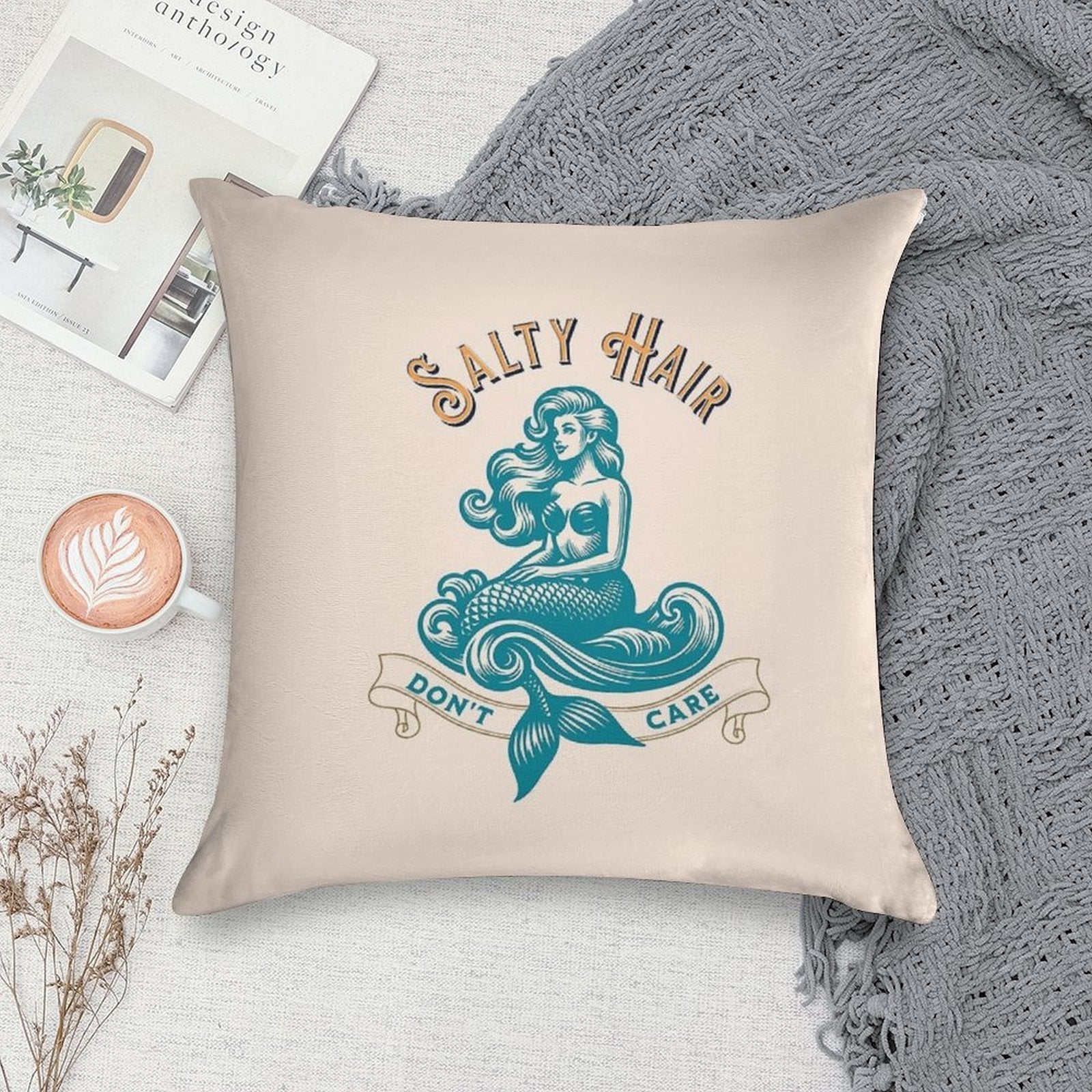 Salty Hair. Don’t Care. Mermaid Summer Design Soft High-Density Material Throw Pillow