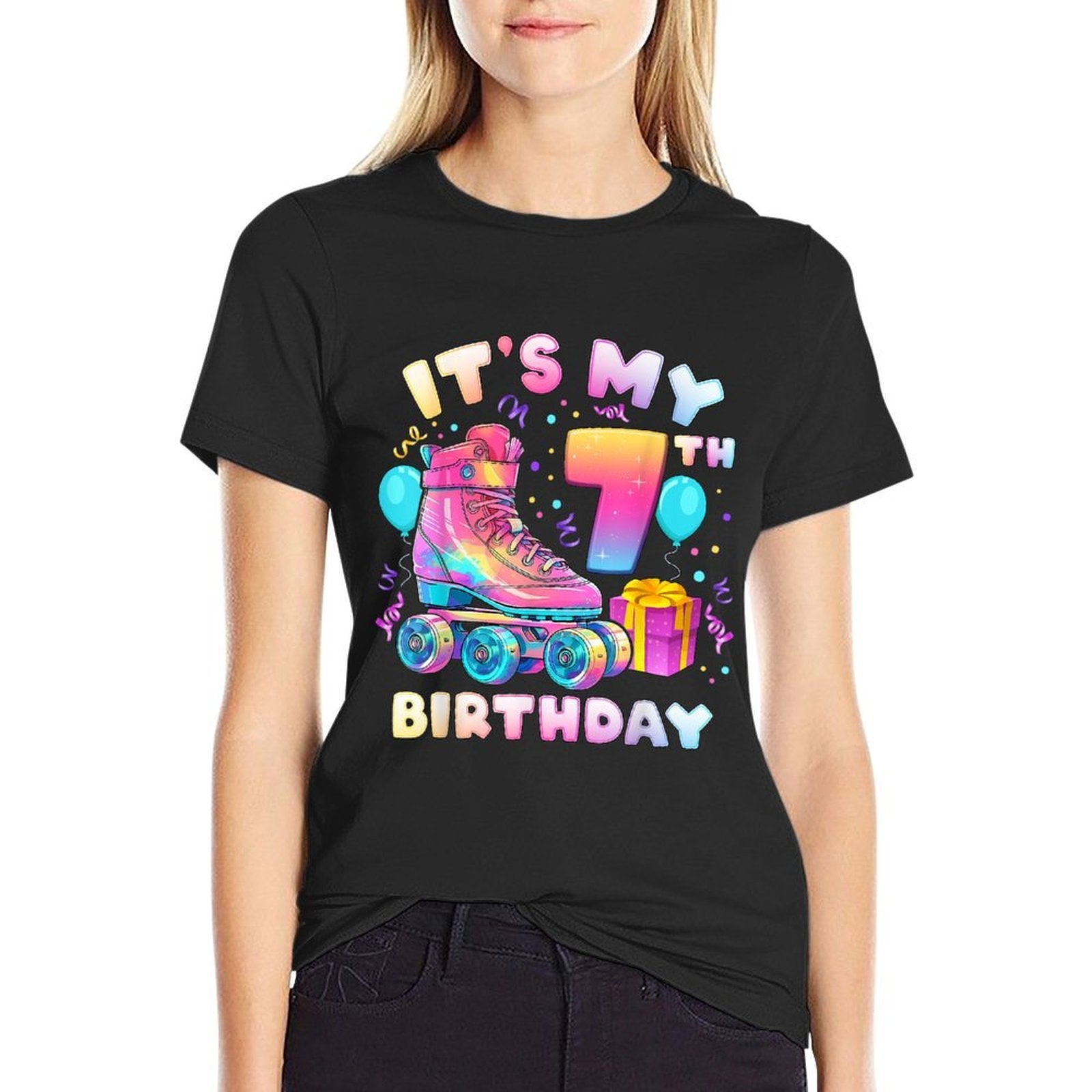 7th Birthday Girl 7 Years, Roller Skates, Number 7  Odor-resistant T-Shirt