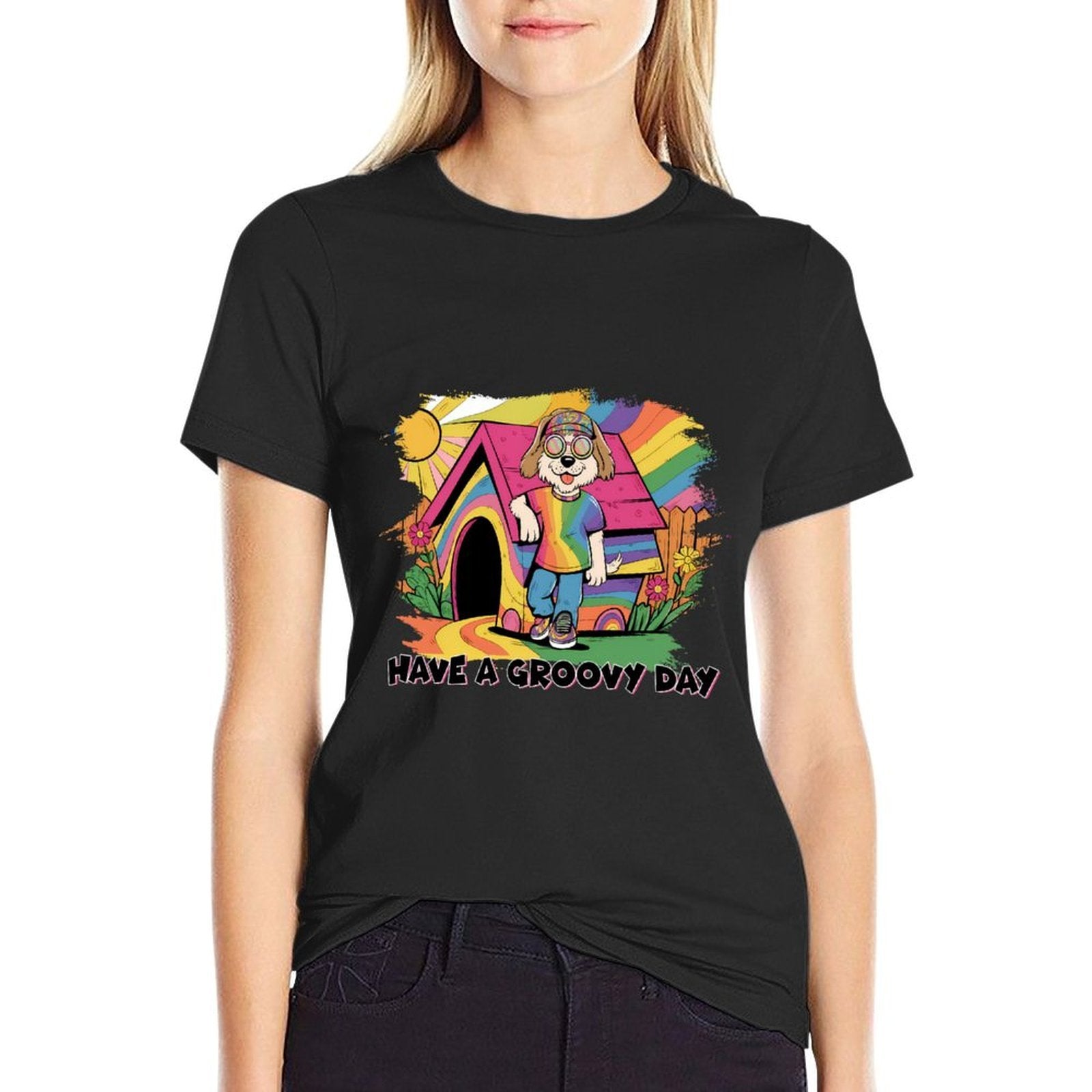 Groovy Day Dog Rainbow House Peaceful Summer Graphic Sweatshirt  Lightweight T-Shirt