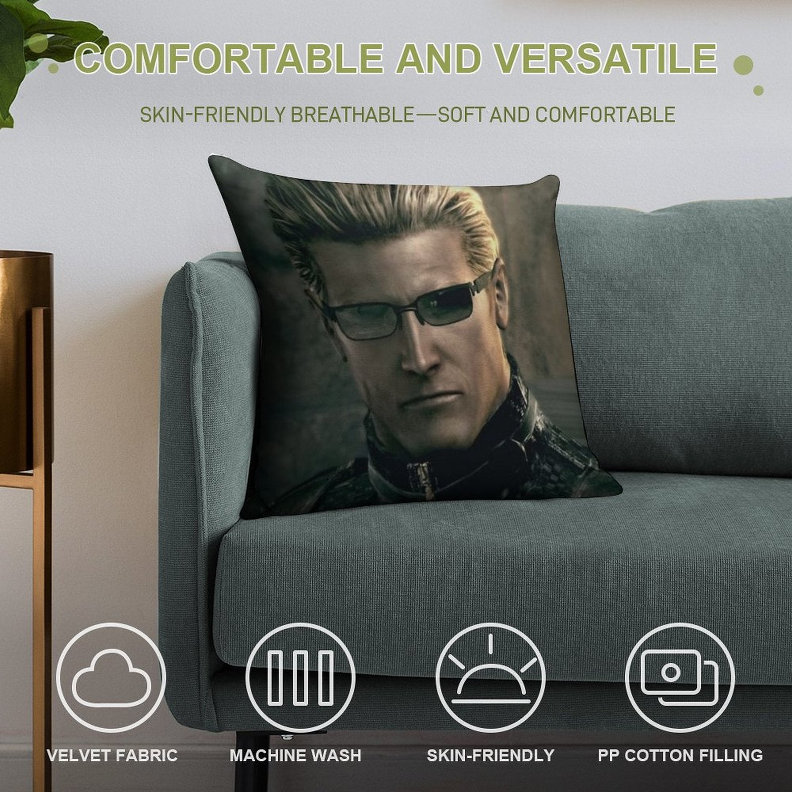 Emo Sunglass Wearing Zombie Man Red Eyed Rizzler Romantic Albert Wesker  RE5 Resident Evil 5 Soft Skin-Friendly Throw Pillow