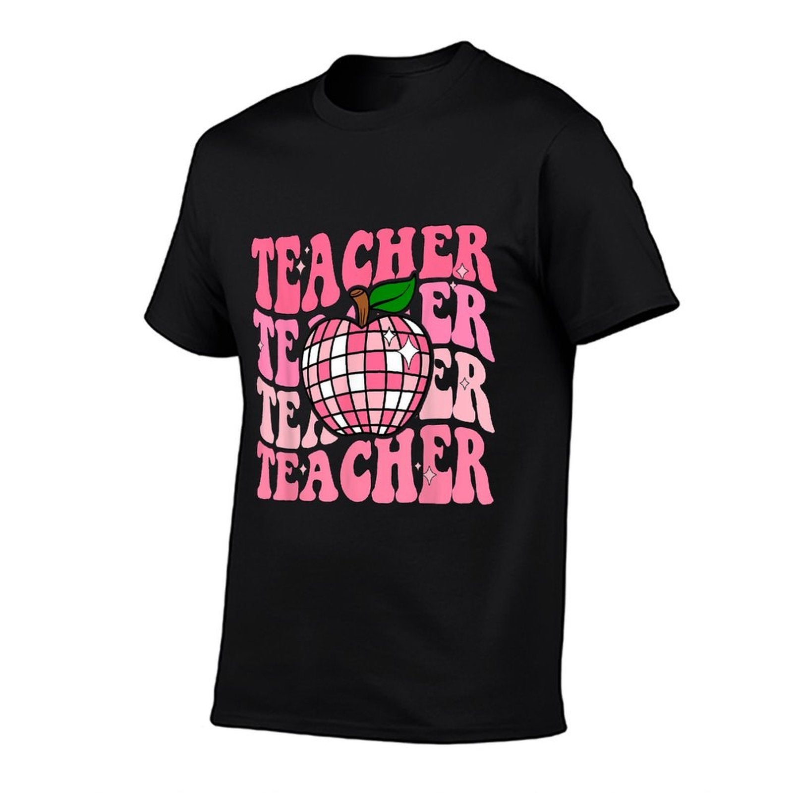 Retro Pink Disco Ball Apple Teacher Colorful Back To School  Durable T-Shirt