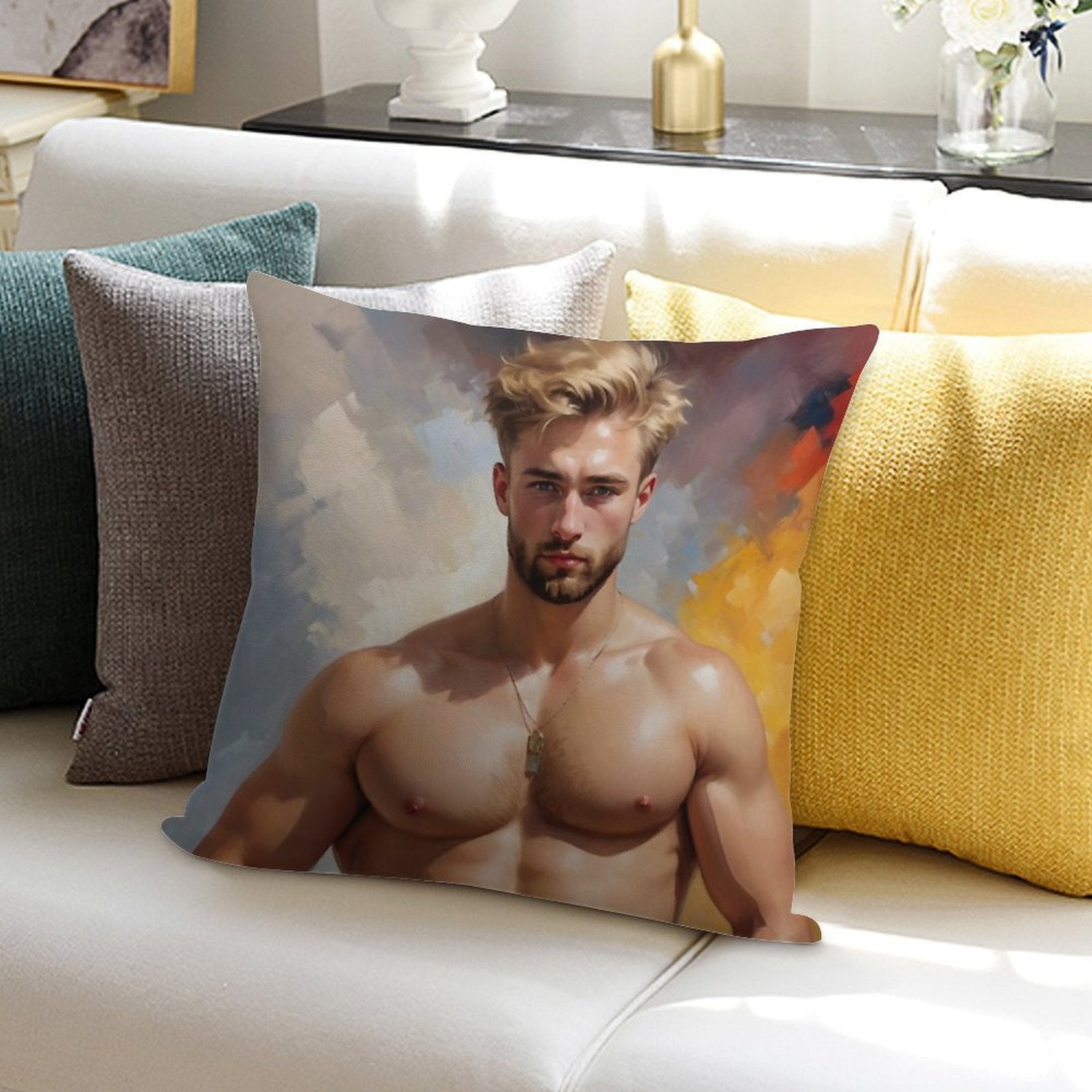Sexy Guy Portrait Wassili Kandinsky Inspired Background Soft Bedroom Essential Throw Pillow