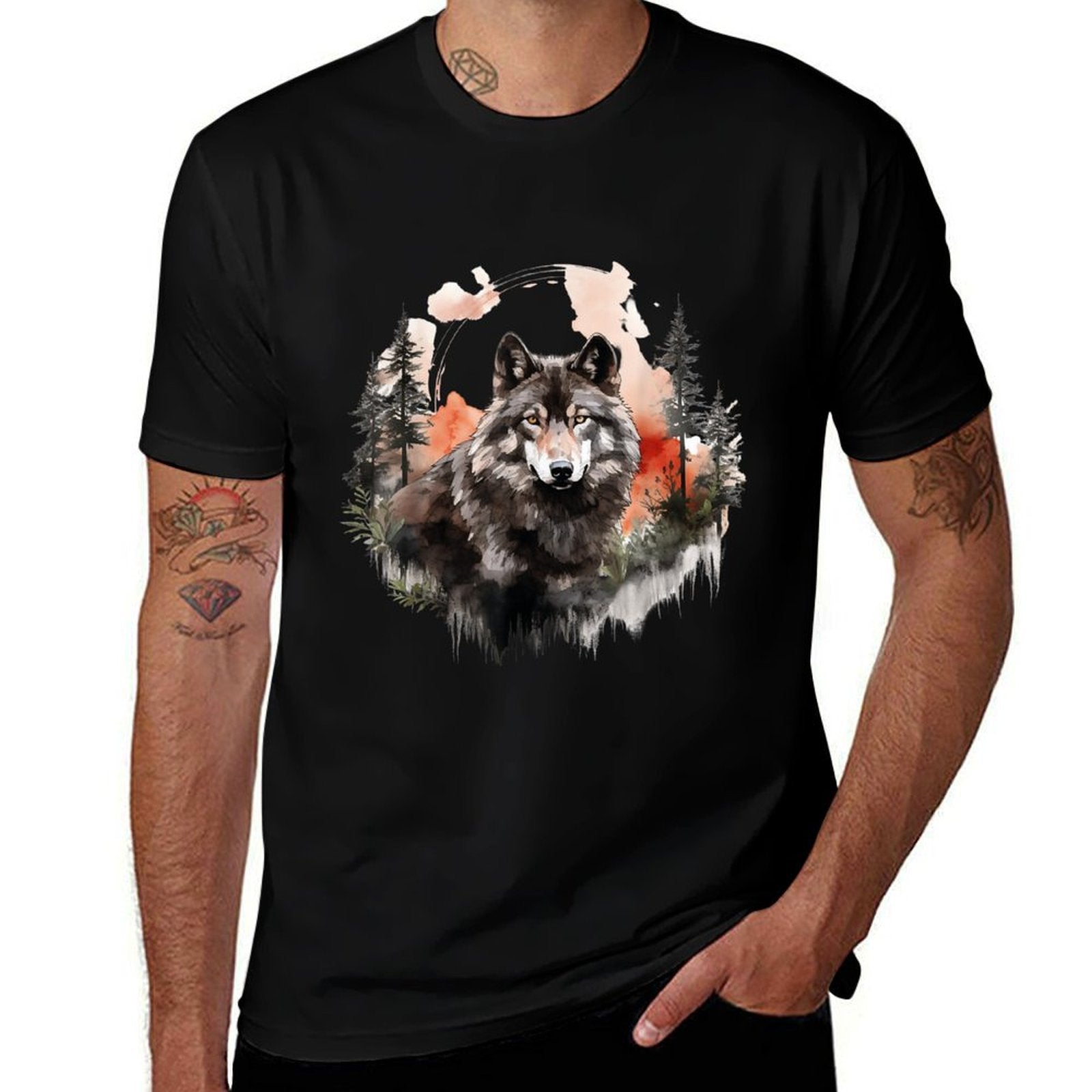 Wolf Splash Art Animal Face Forest Landscape Wolf  Quick-drying T-Shirt
