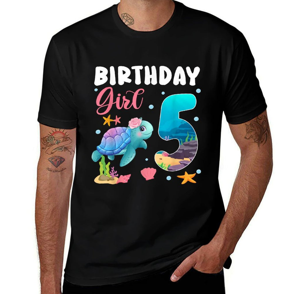 Birthday Girls 5th Sea Turtle 5 Year Old Ocean Aquarium  Rolled Sleeves T-Shirt