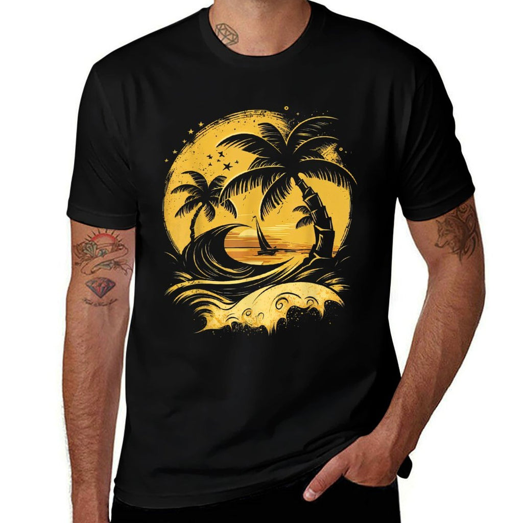 Tropical Palm Trees with Sailboat Beach Island Sunset  Soft T-Shirt