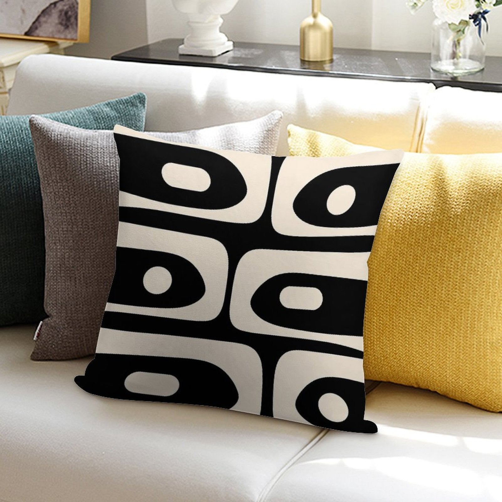 Mid Century Modern Piquet Abstract Pattern Black And Almond Cream Soft Gift Ready Throw Pillow