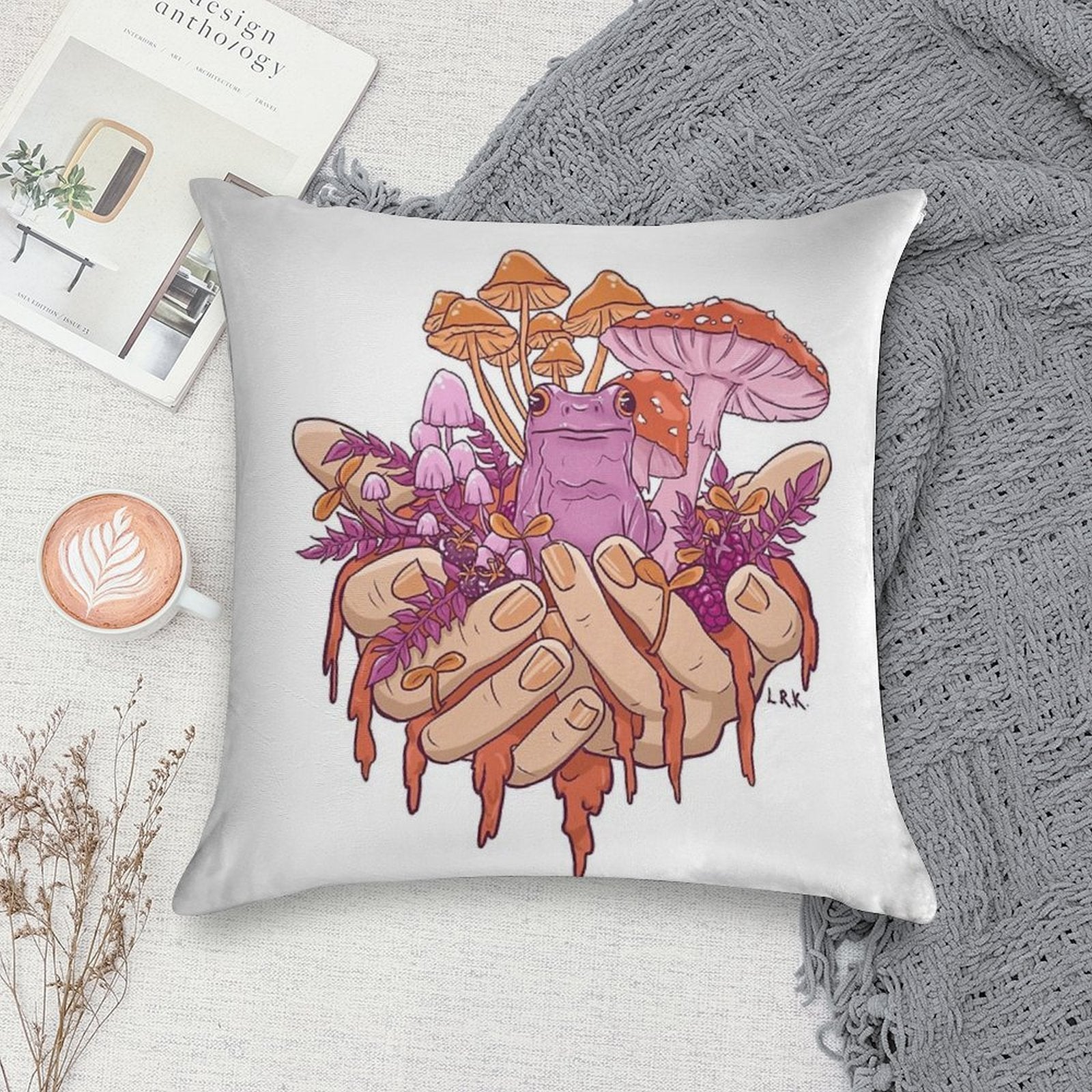 Sapphic Toadstool Frog Handful Soft Washable Throw Pillow