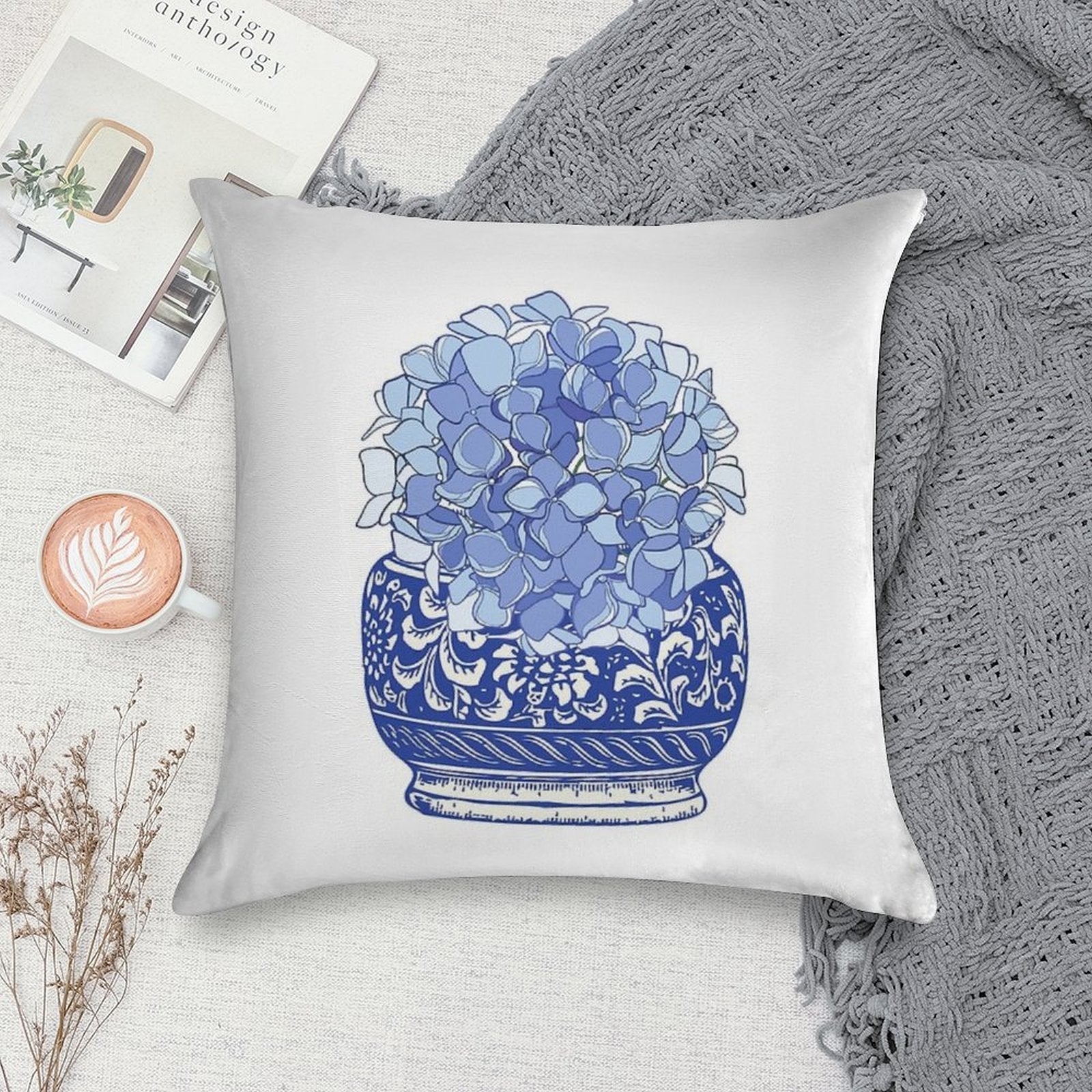 Blue And White Vase with Blue Hydrangeas Soft Hidden Zipper Throw Pillow