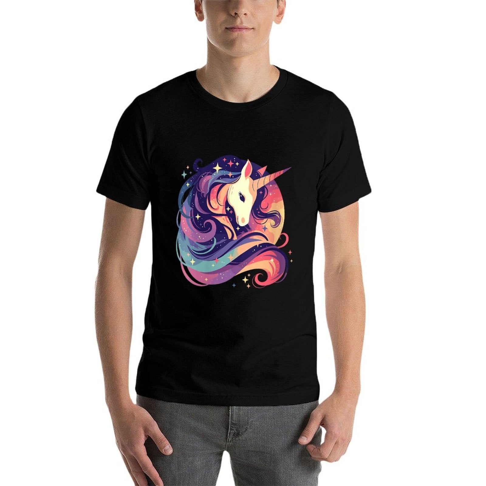 Womens Majestic Sunset Unicorn Art Mystical Creature Fantasy  Graphic-printed T-Shirt
