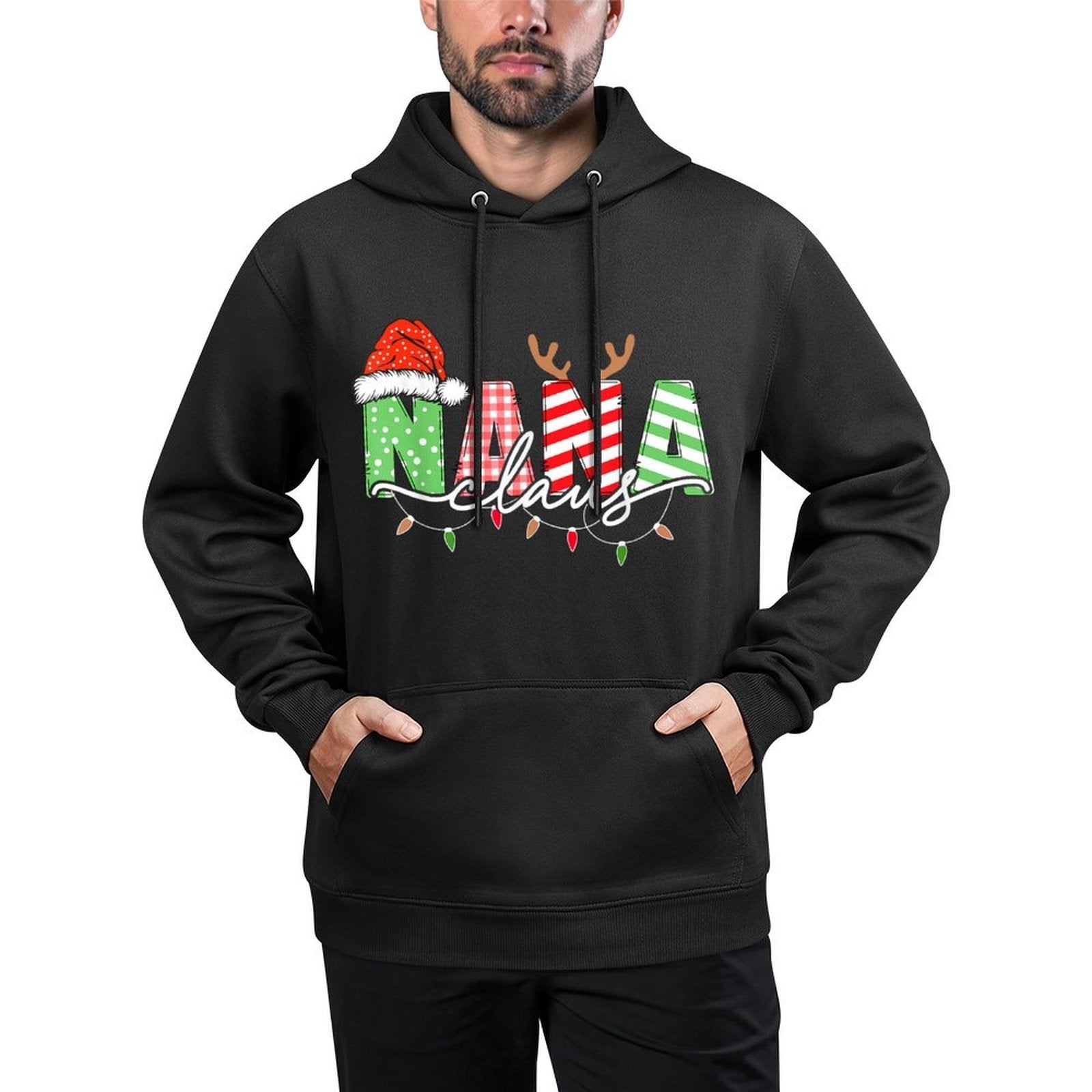 Nana Claus Xmas Christmas Lights Pajama Family Matching Shrink-Resistant Hoodie