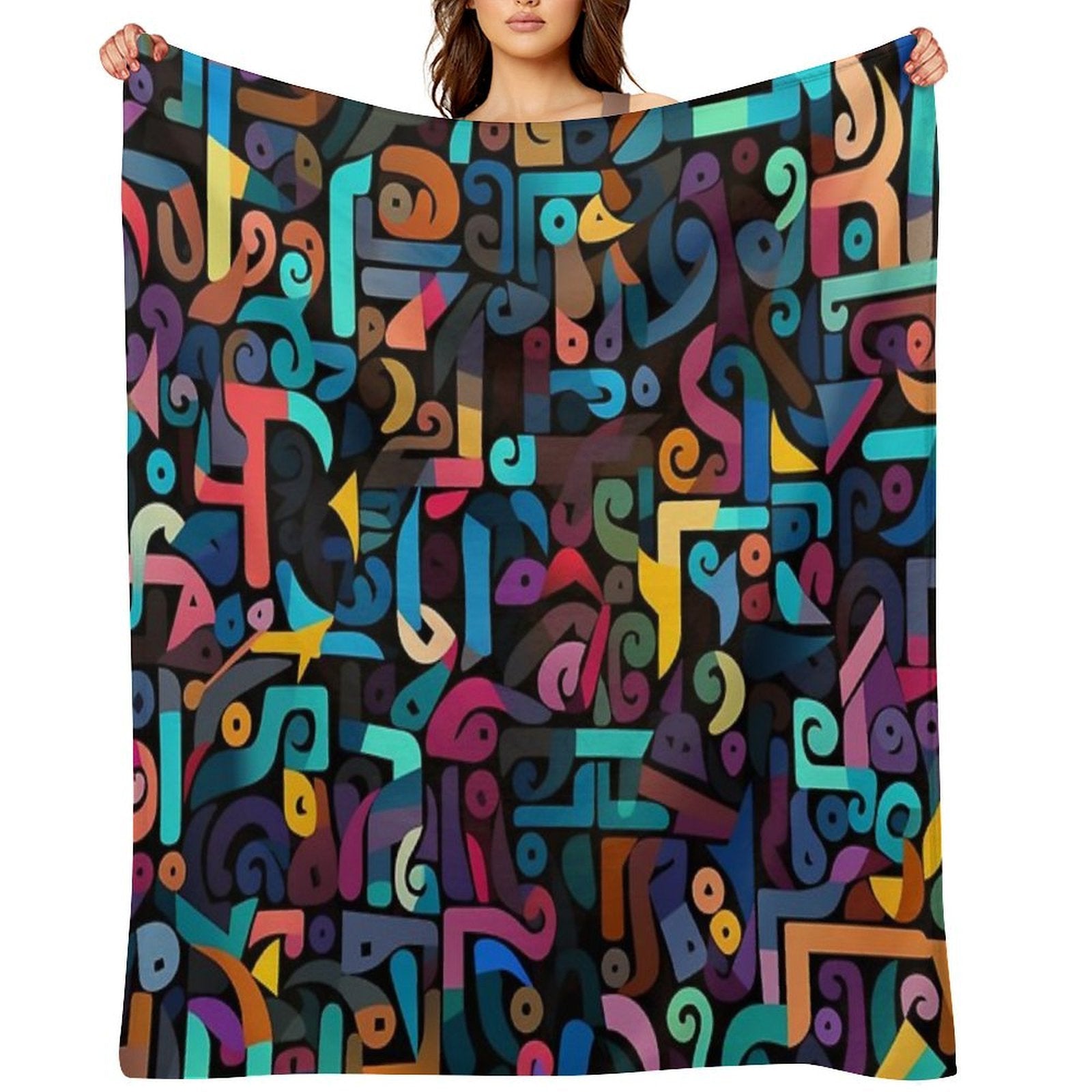 Colorful Fantasy Pattern Orange Yellow Green Red Turquoise Black Ornaments Easy Care Throw Blanket