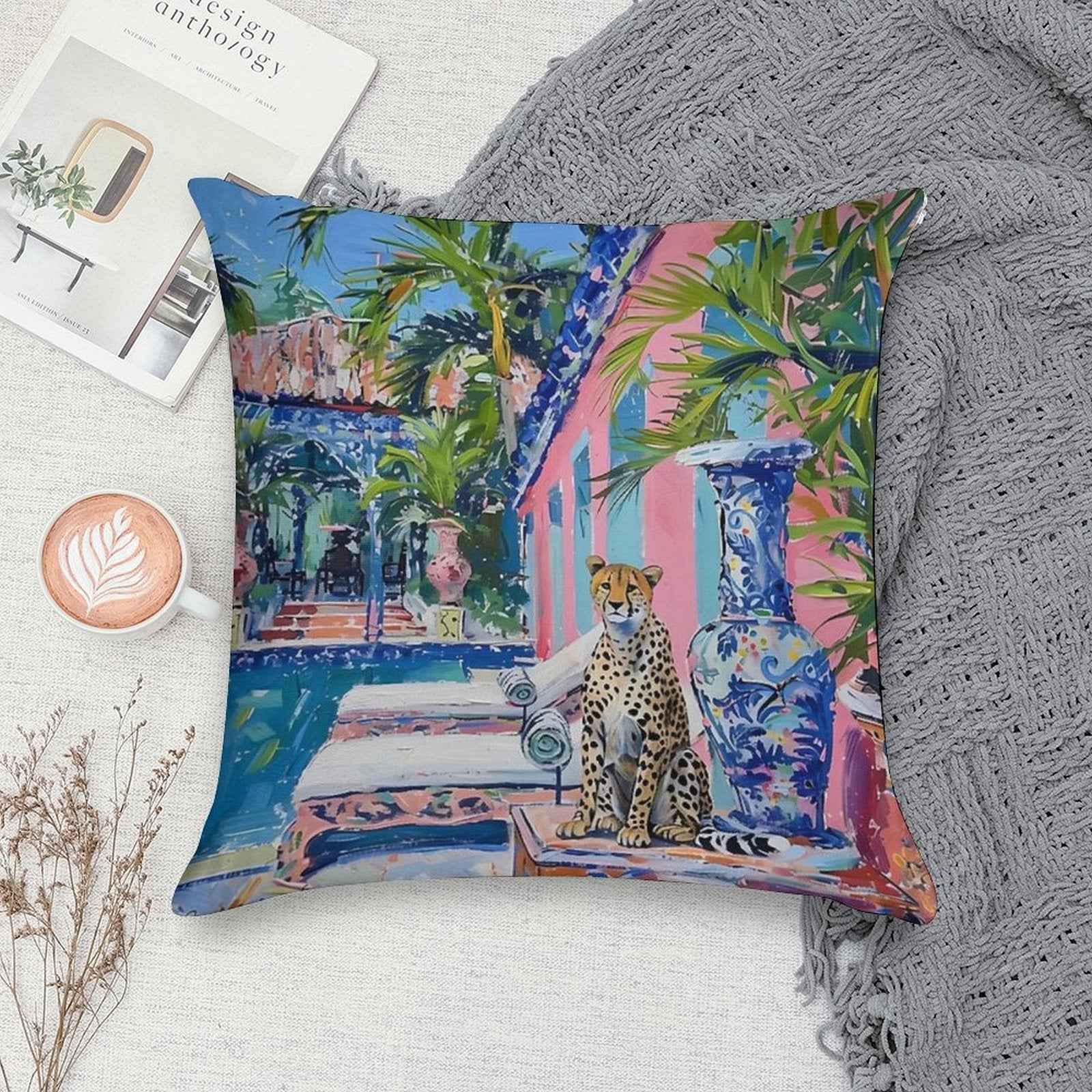 Cheetah at The Swimming Pool in Palm Beach Soft Luxury Feel Throw Pillow