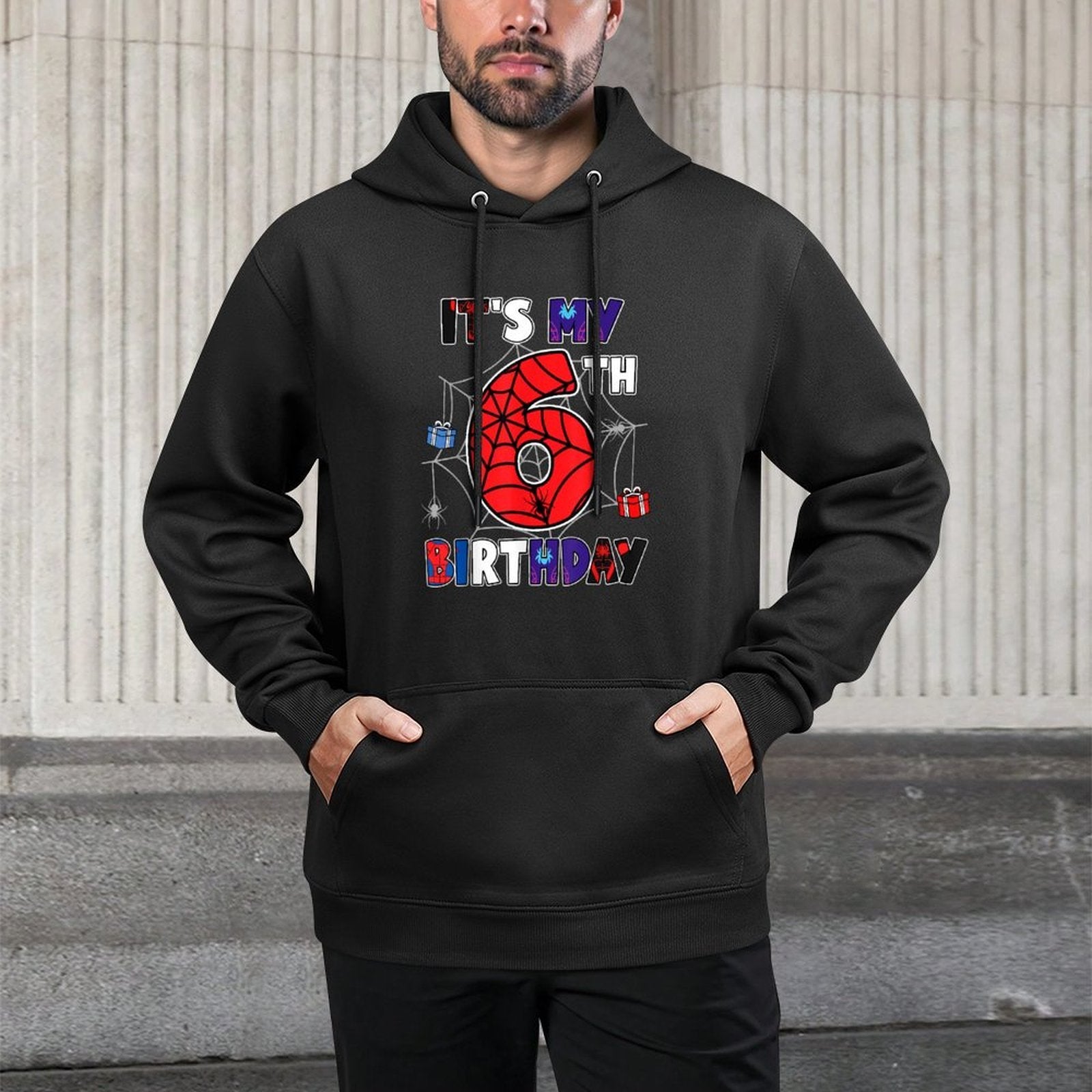 Kids It's My 6th Birthday Spider Theme Party 6 Year Old Machine Washable Hoodie
