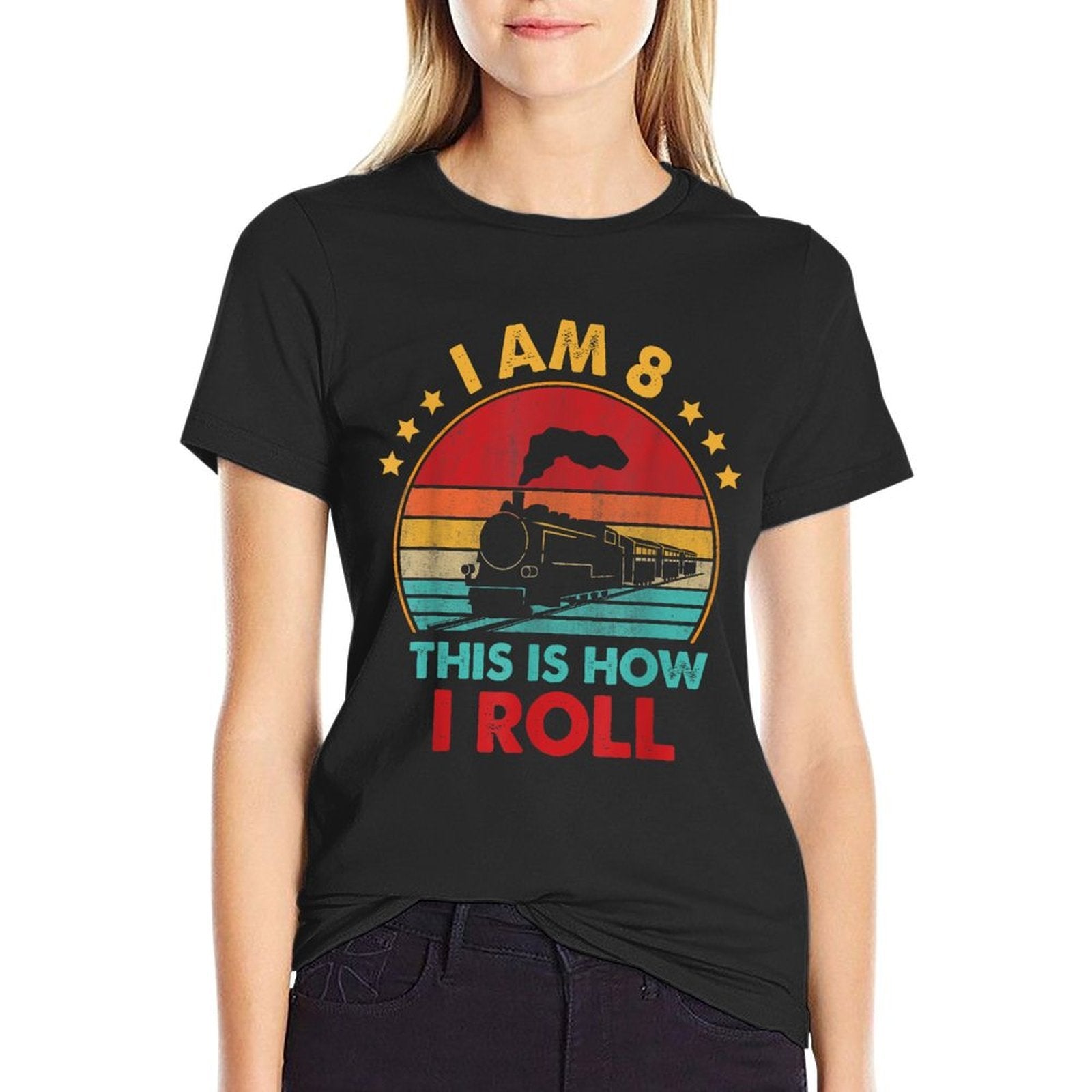 8th Birthday Boy Train 8 Year Old Birthday Kids  Rolled Sleeves T-Shirt