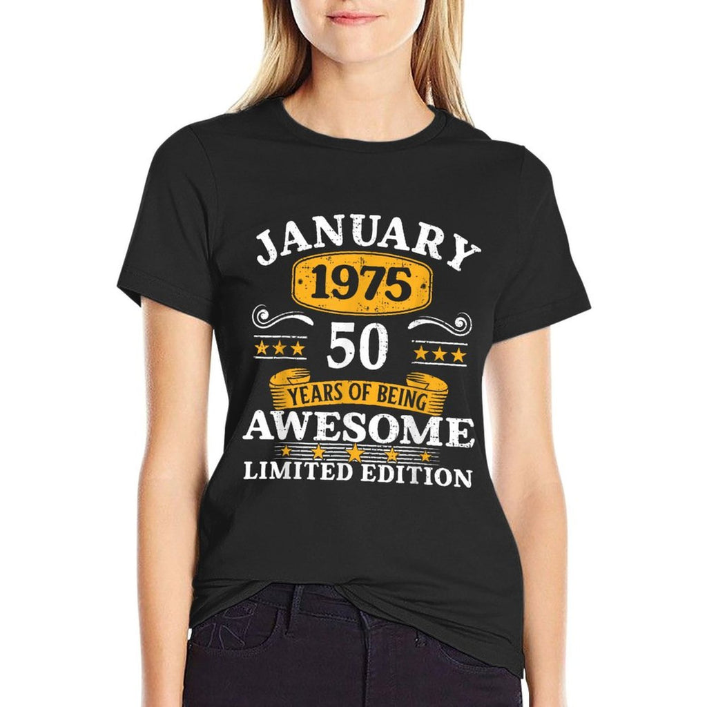 50 Years Old Awesome Since January 1975 50th Birthday Gifts  Ribbed Collar T-Shirt