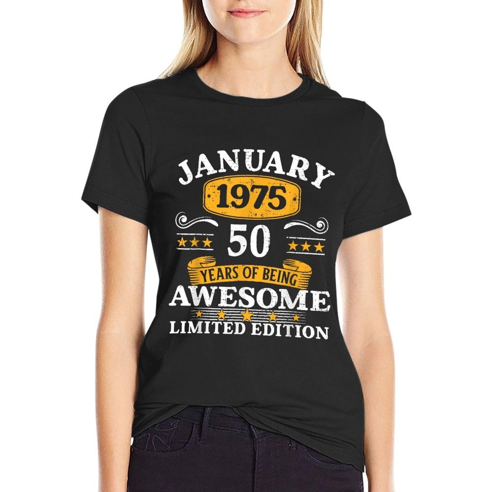 50 Years Old Awesome Since January 1975 50th Birthday Gifts  Ribbed Collar T-Shirt