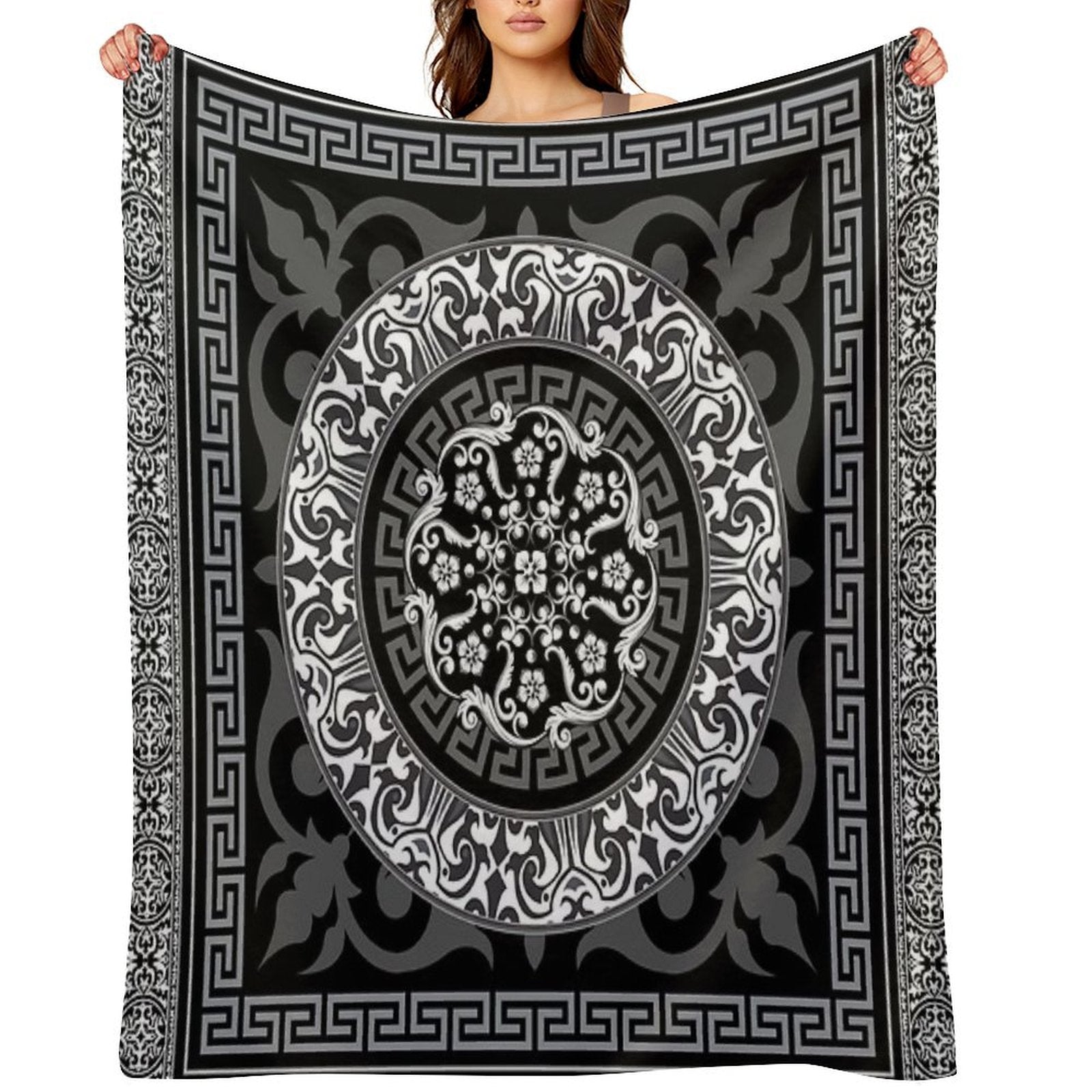Ornate Baroque Black Grey White Greek Key Plush Throw Blanket
