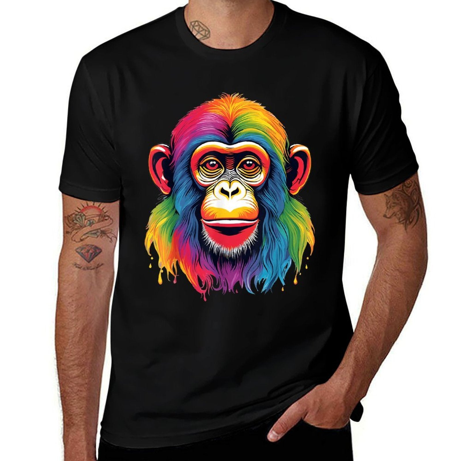 Awesome Monkey With Glasses Face Animal Lover Cool Rainbow  Summer-ready Fabric T-Shirt