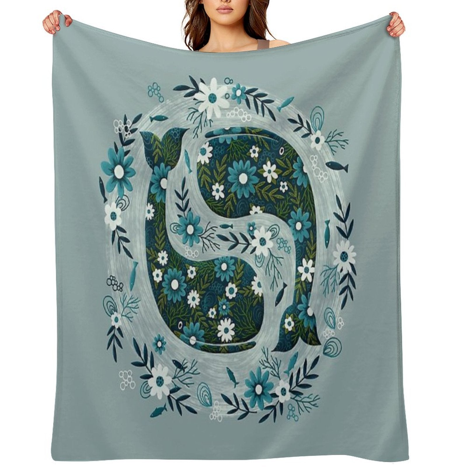 Pretty Floral Whales Circle in Blues And Greens Multi-functional Throw Blanket
