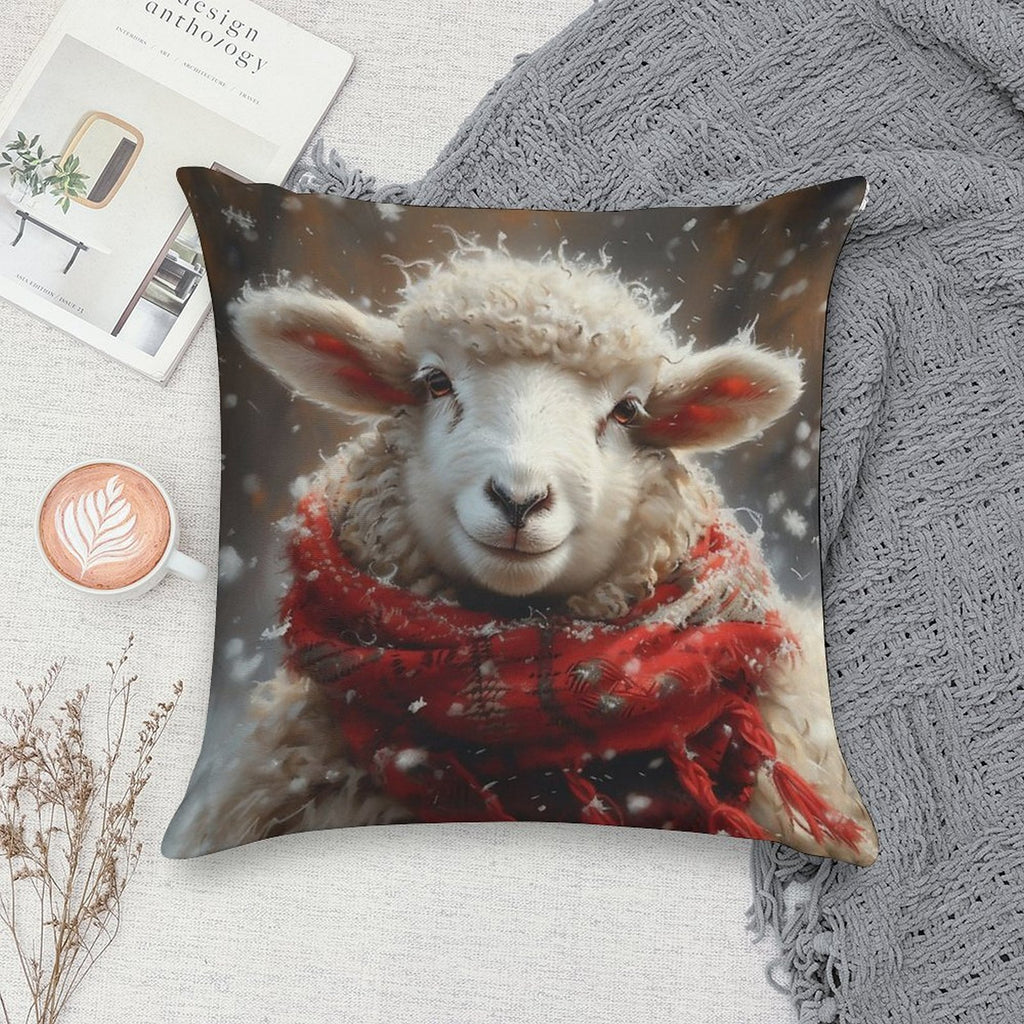 Sheep in The Snow with A Red Scarf Soft Anti-Pilling Throw Pillow