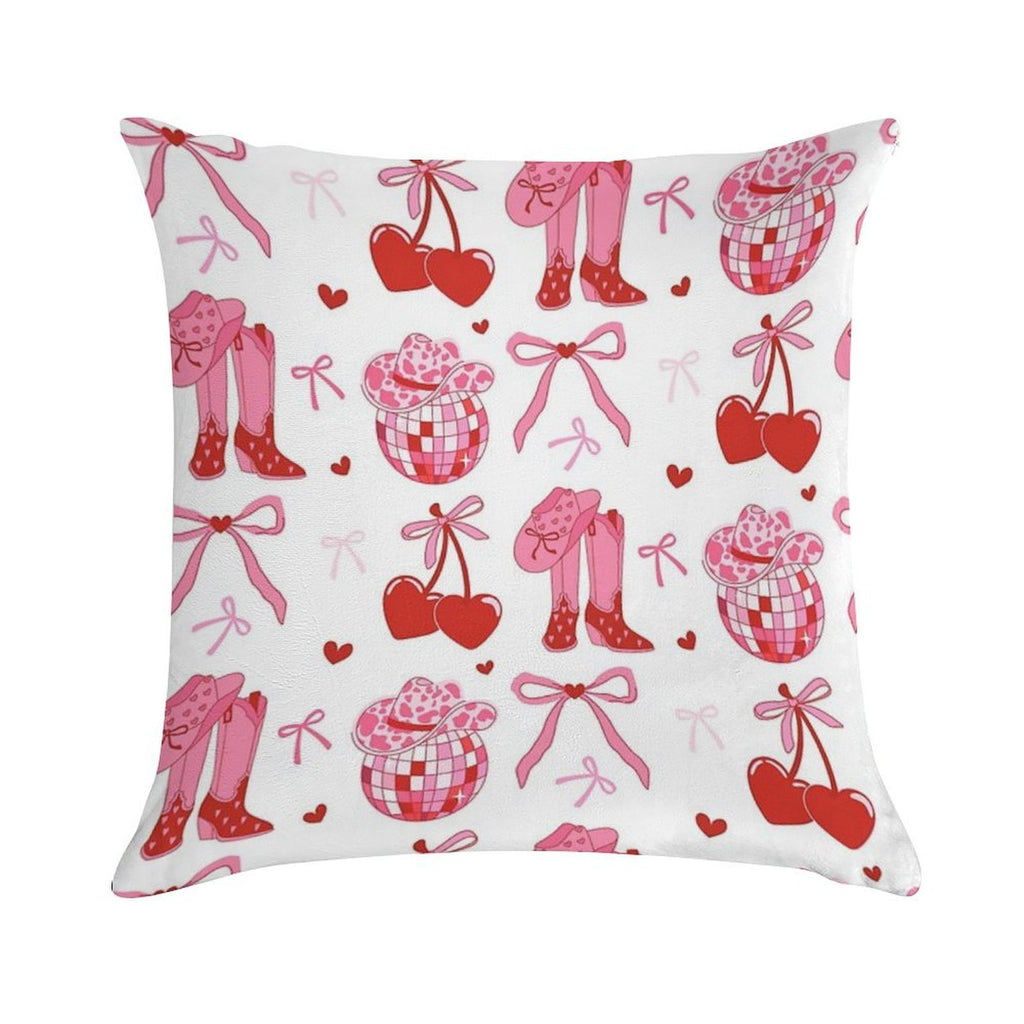 Disco Cowgirl Pack. Pink Cowboy Boot, Disco Ball, Cherry, Bows And Cowgirl Hat. Soft High-Density Material Throw Pillow