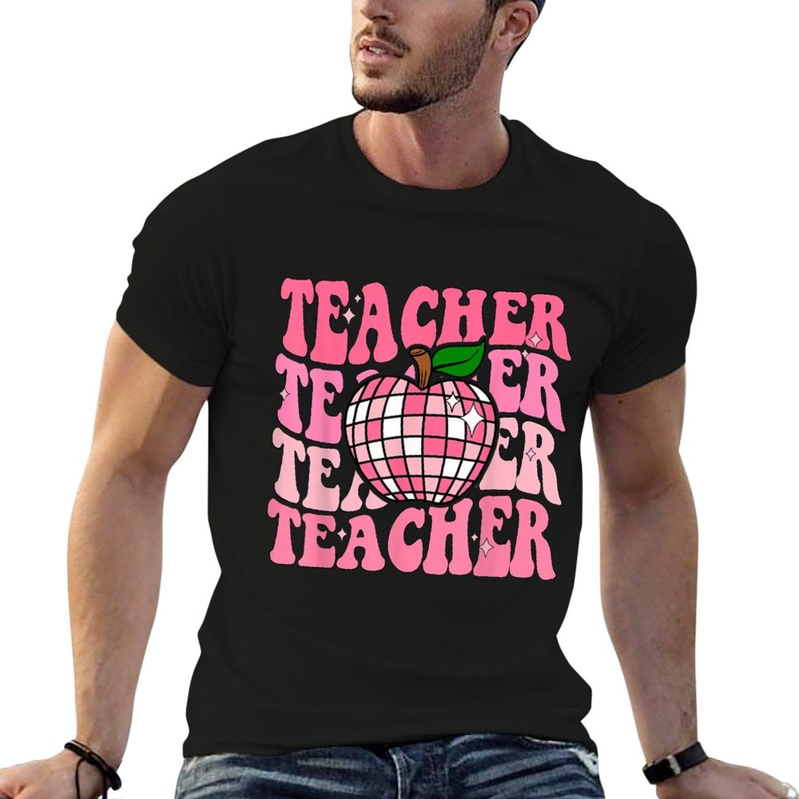 Retro Pink Disco Ball Apple Teacher Colorful Back To School  Durable T-Shirt