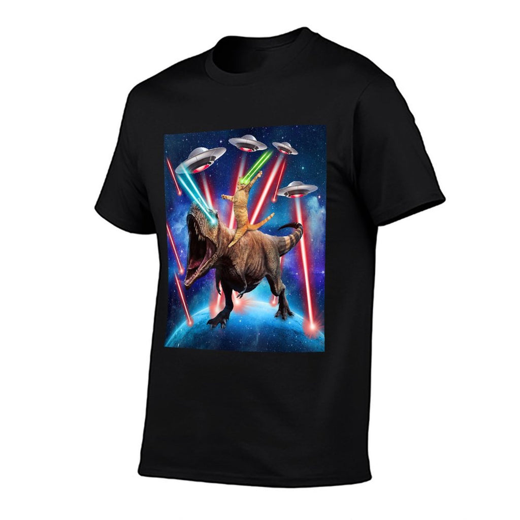 Space Cat Riding Dinosaur T Rex Laser Eyes UFO Funny Cat  Durable T-Shirt